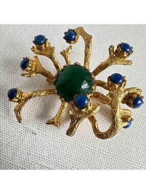 Vintage Brutalist Brooch Green Blue Glass Cabochon Gold Tone Coral Branch Modern
